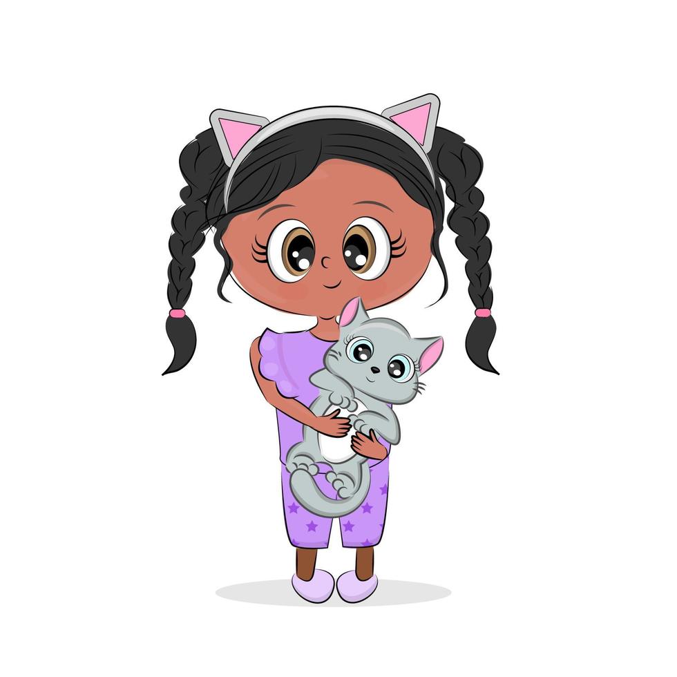 klein meisje en kattenvrienden, gelukkig in kattenpyjama, schattige baby, bedrukking op textiel, t-shirt, verpakking, kinderkamerdecoratie, vectorillustratie vector