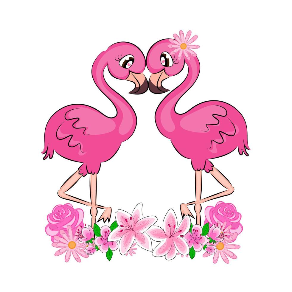 flamingo's een paar schattige roze flamingo's met schattige ogen met trilhaartjes, met bloemen, een mooie kaartprint op textiel op een t-shirt op de verpakking vector