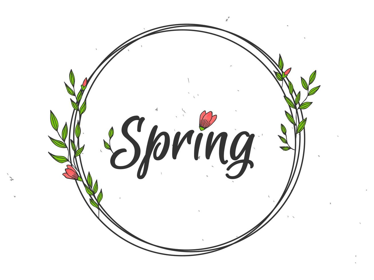 lente belettering. vectorillustratie met textuur op een witte achtergrond. een frame van zwarte ringen, roze bloemen en groen blad. vector