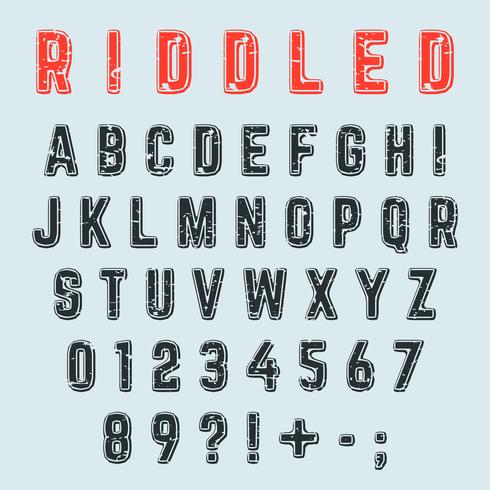Doorzeefd alfabet lettertype. Letters, cijfers en leesteken grunge ontwerp vector