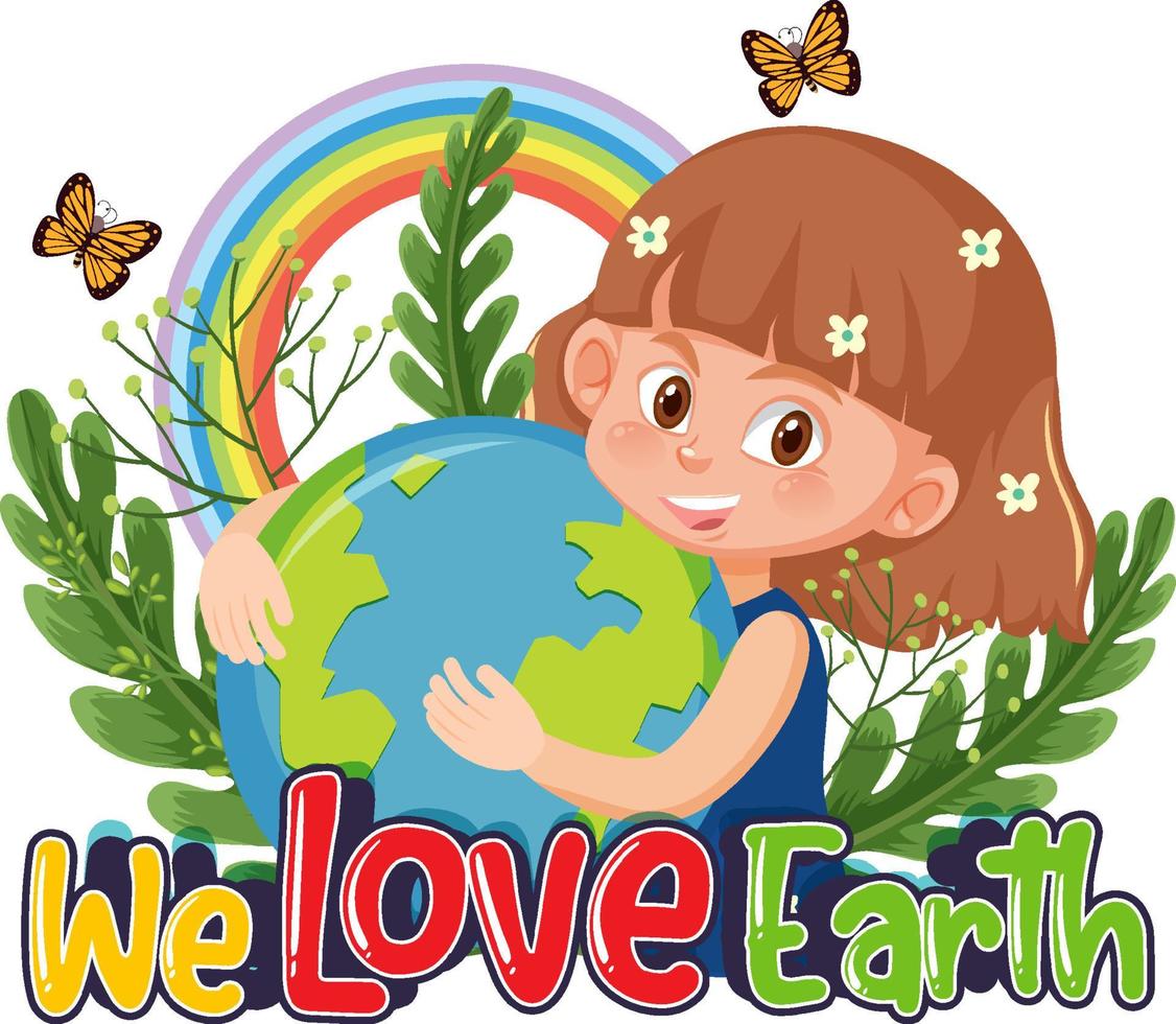 we houden van het logo van de aarde met een meisje dat de aardbol knuffelt vector