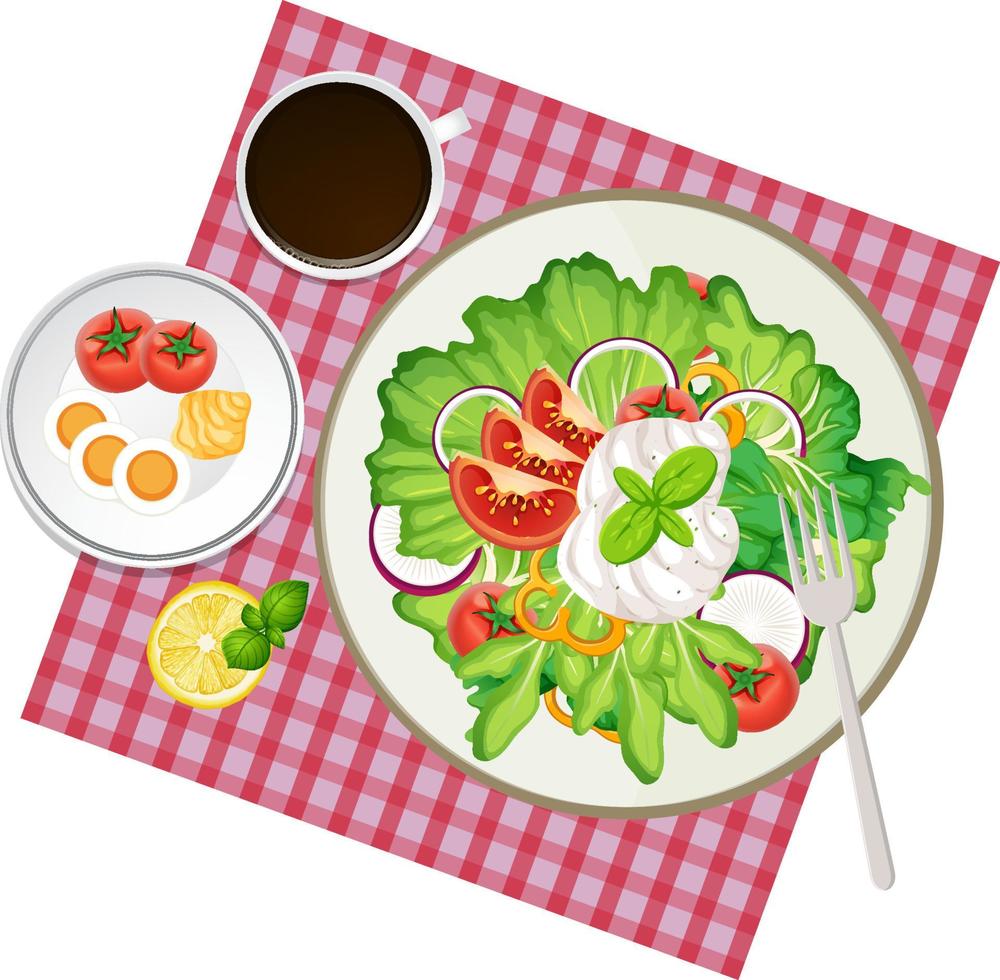 bovenaanzicht gezonde salade en placemat op witte achtergrond vector