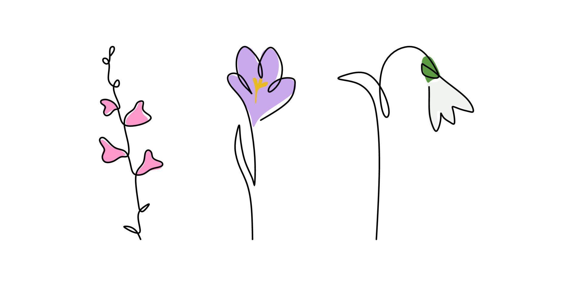 doorlopende enkele lijn drie lentebloemen bezet met roze paarse kleur vector
