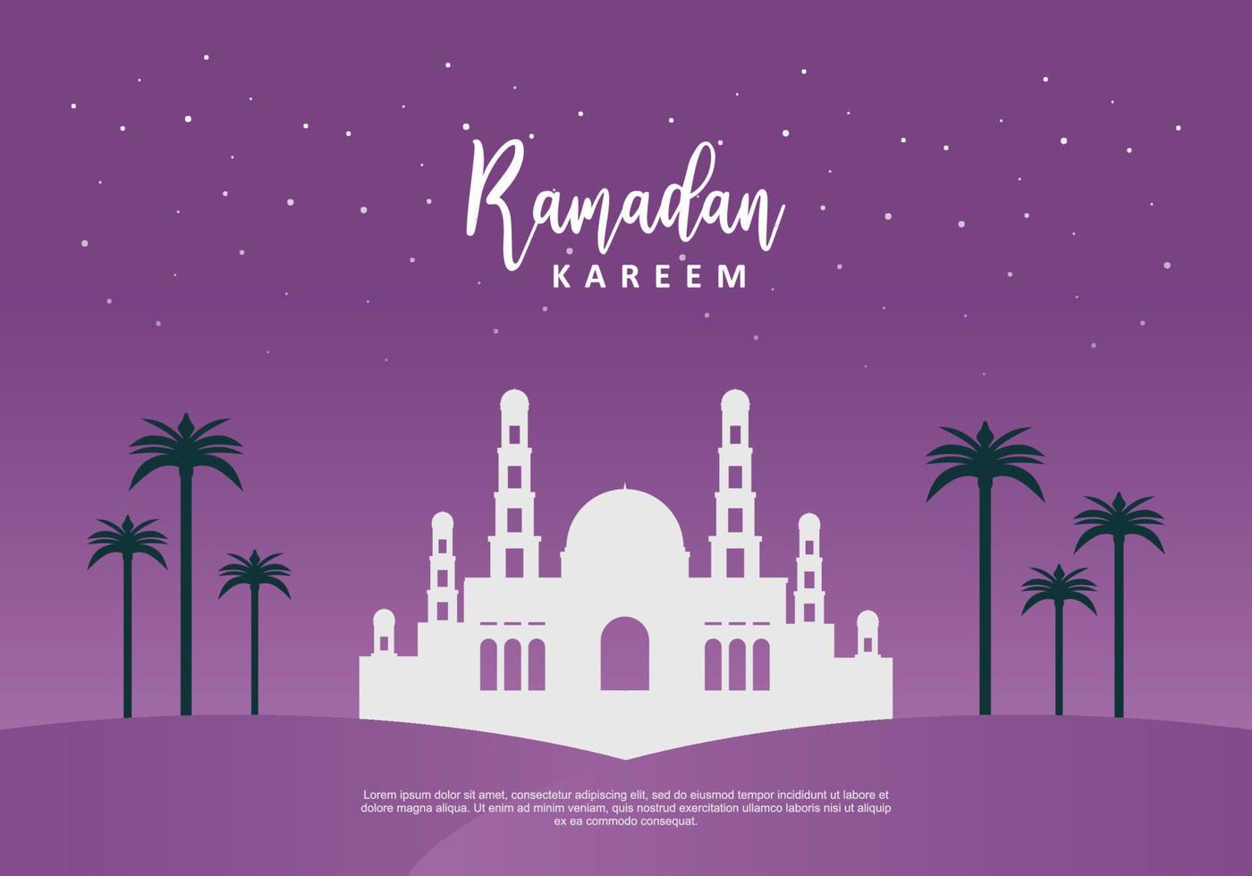 ramadan kareem met grote moskee en planten op paarse achtergrond vector