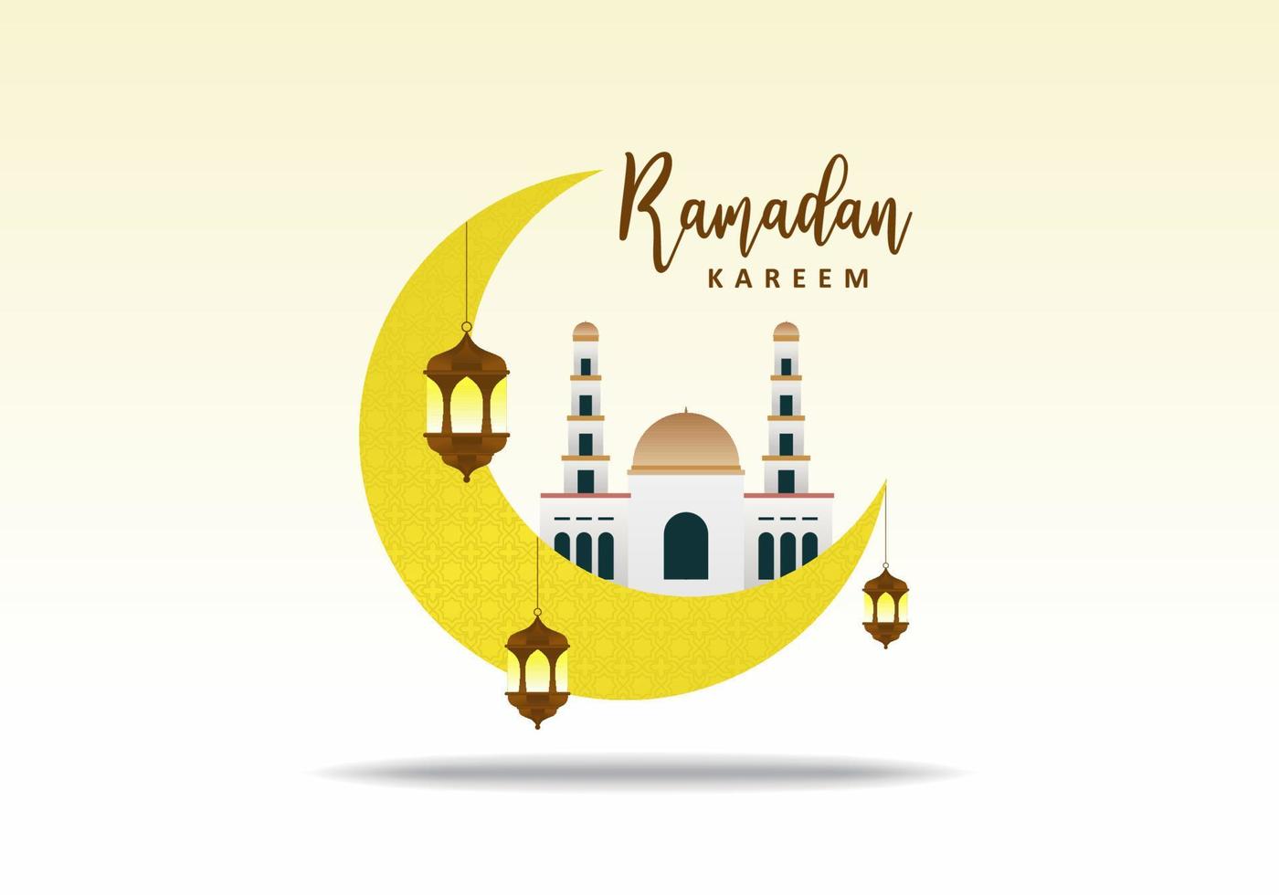 ramadan kareem met gele maan, grote moskee en bruine lantaarn. vector