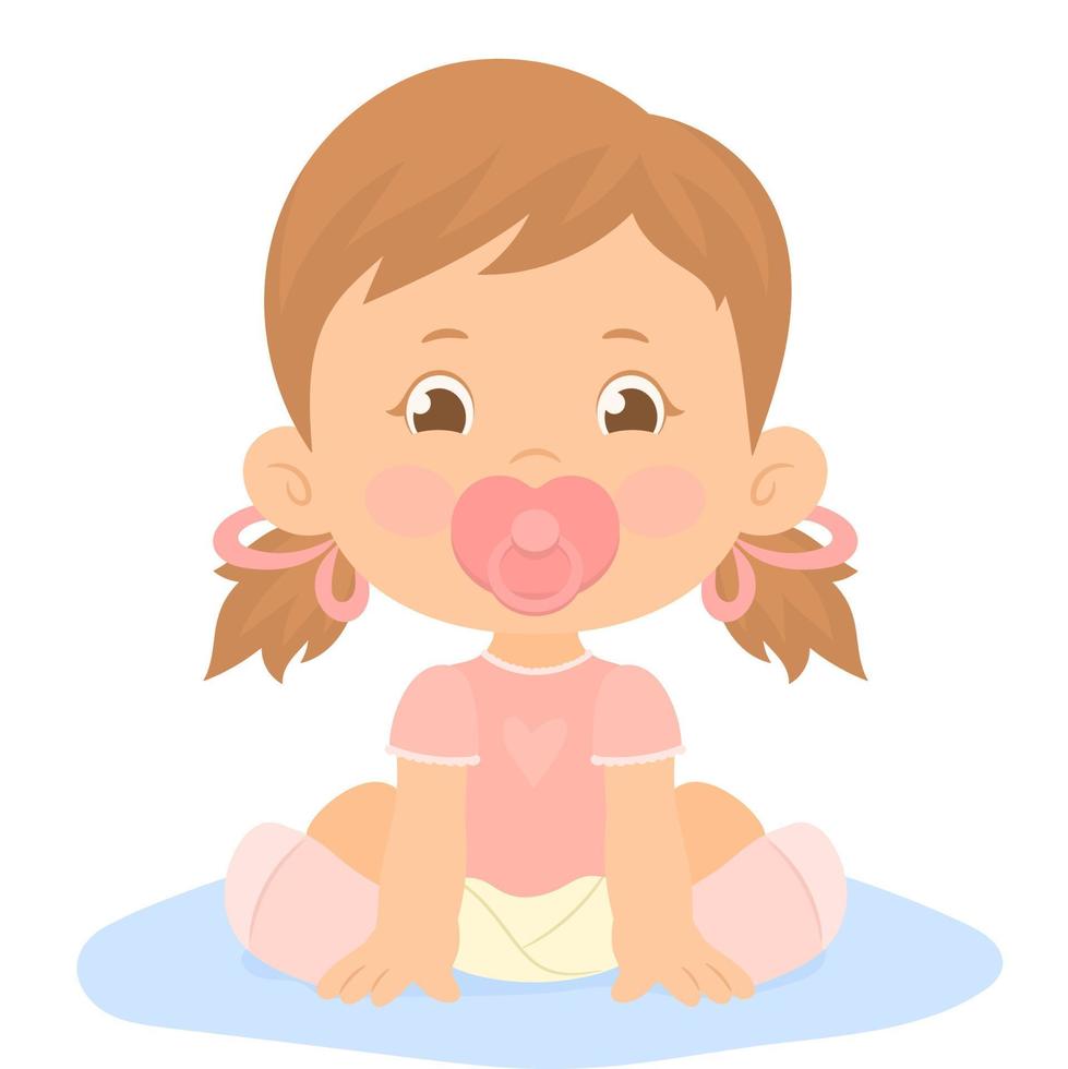 schattig pasgeboren meisje met fopspeen, voor baby shower, wenskaart. vector