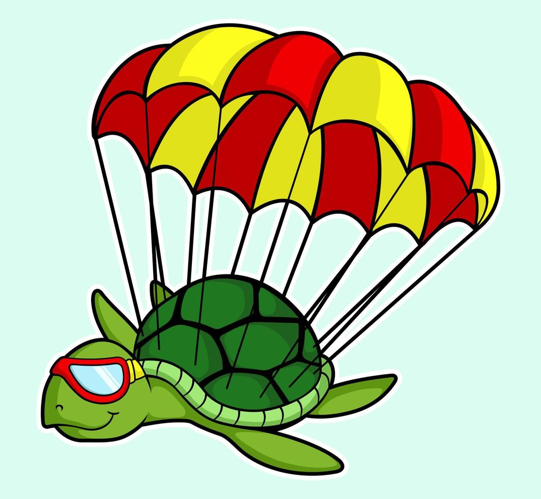 cartoon illustratie van groene schildpad spelen parachutespringen in lichtblauwe achtergrond vector