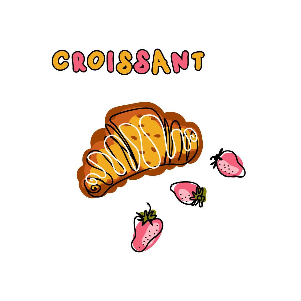 handgetekende croissant en aardbeien. vector