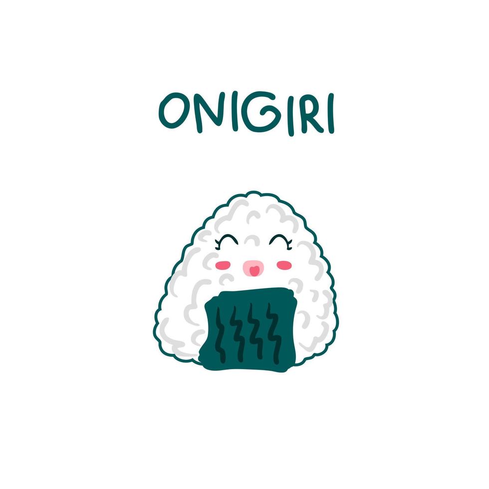 hand getekende schattige onigiri en tekst. vector