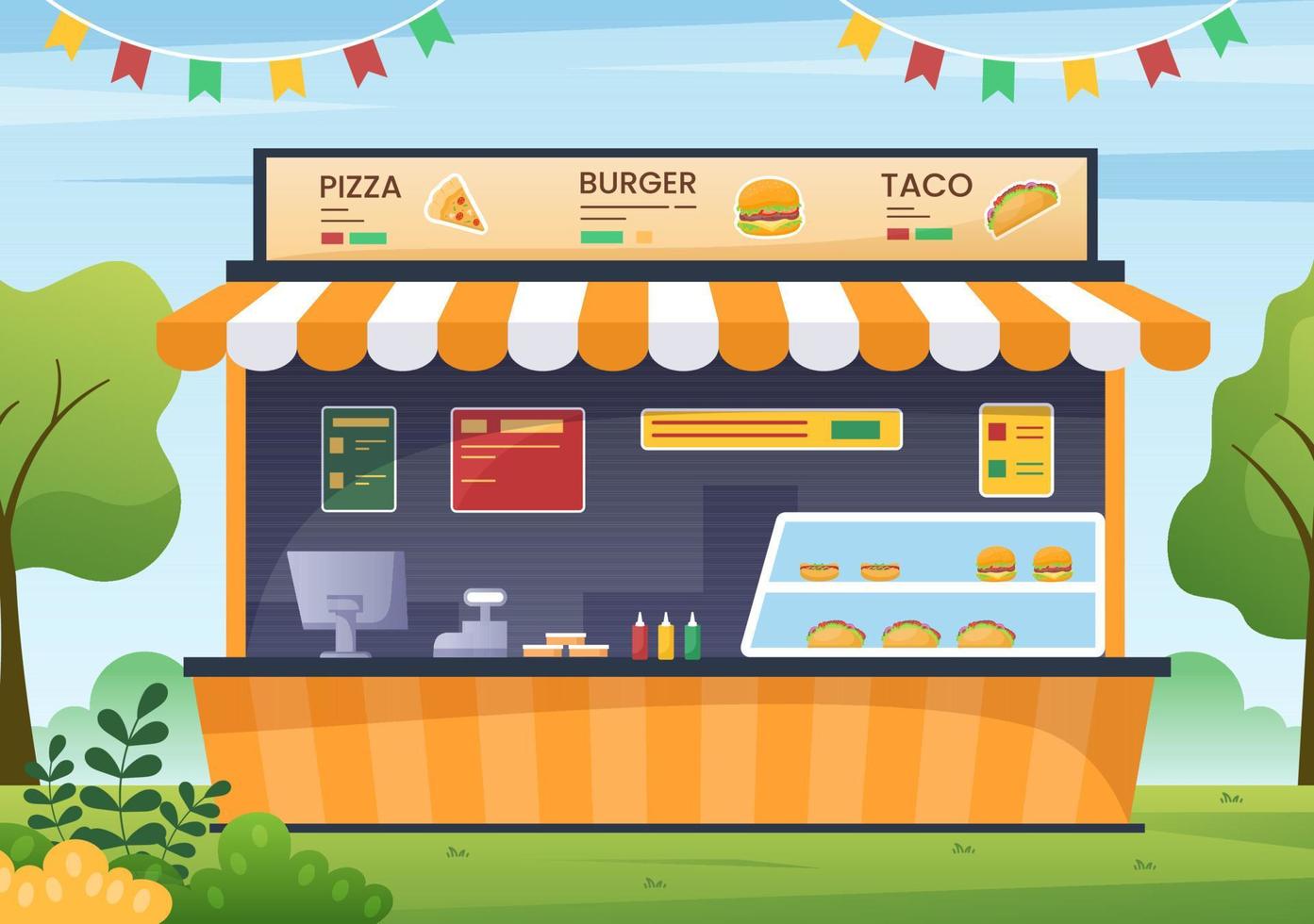 mensen die buiten eten op straat en fastfood serveren zoals pizza, hamburger, hotdog of taco's in een platte cartoonachtergrondposterillustratie vector