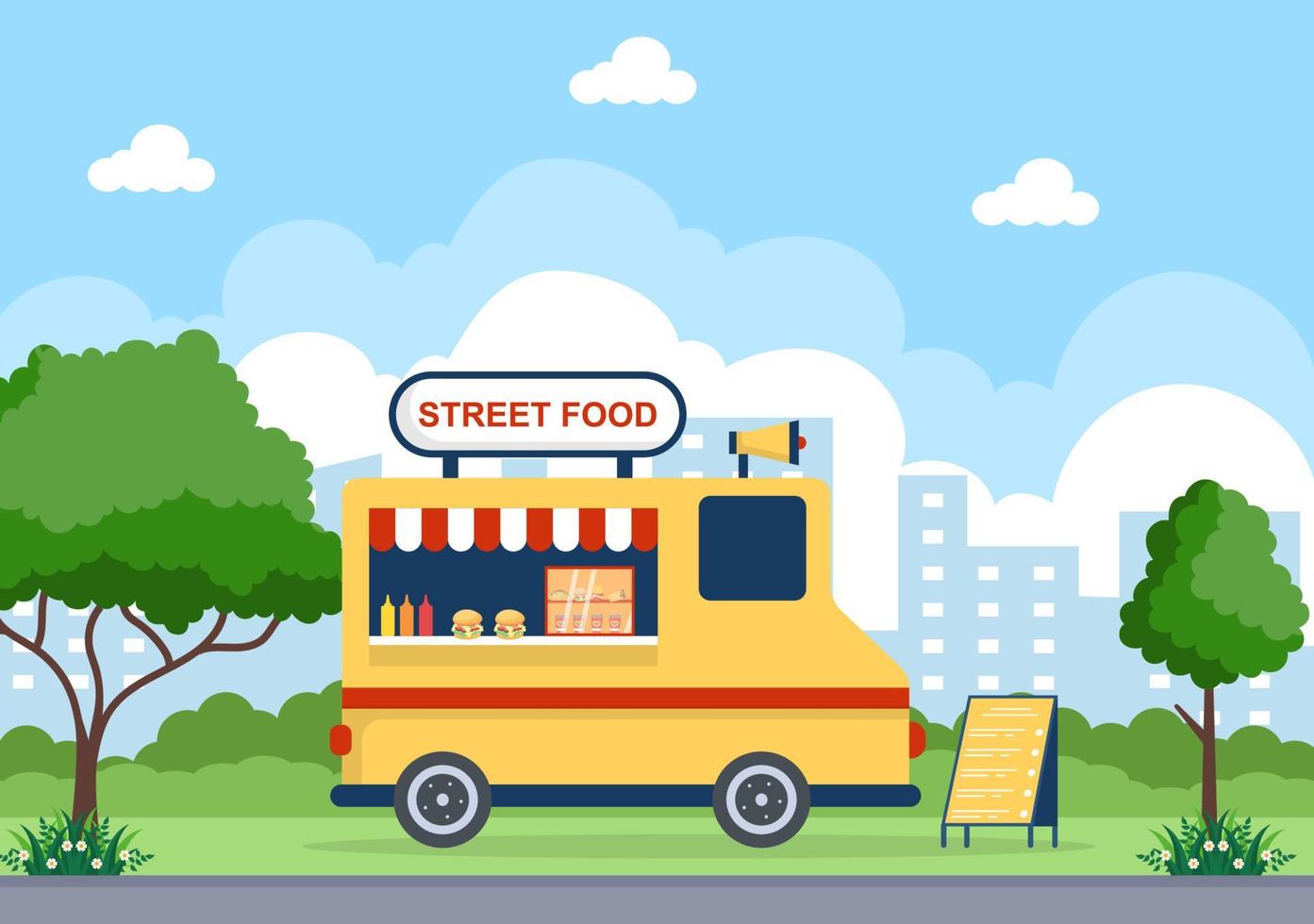 buitenstraat en foodtruck die fastfood serveert, zoals pizza, hamburger, hotdog of taco's in een platte cartoonachtergrondposterillustratie vector