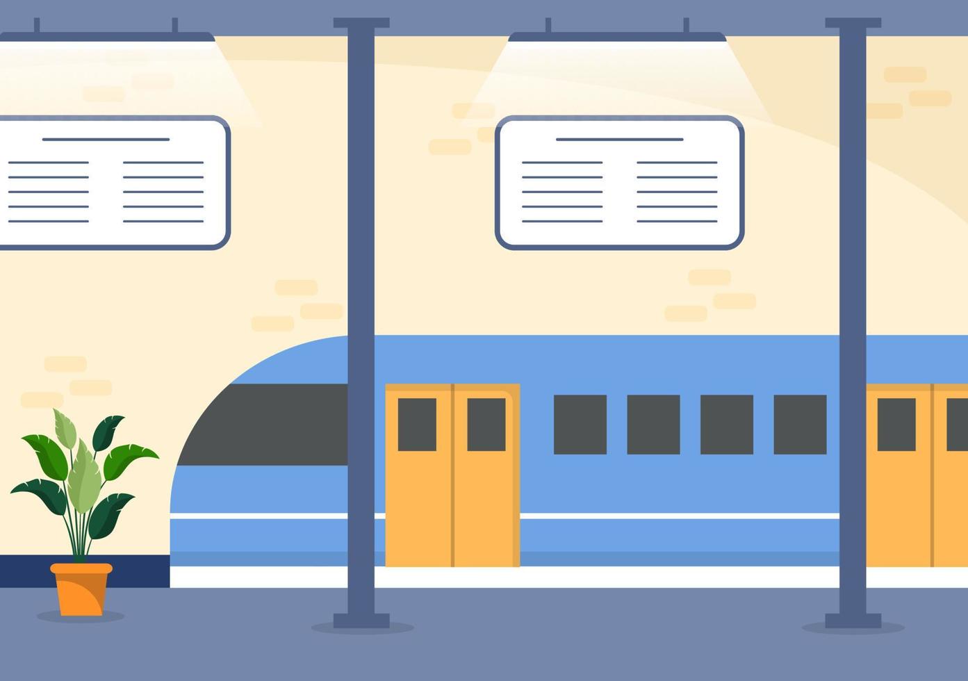 treinstation met treinvervoerlandschap, platform voor vertrek en ondergrondse binnenmetro in vlakke achtergrondafficheillustratie vector