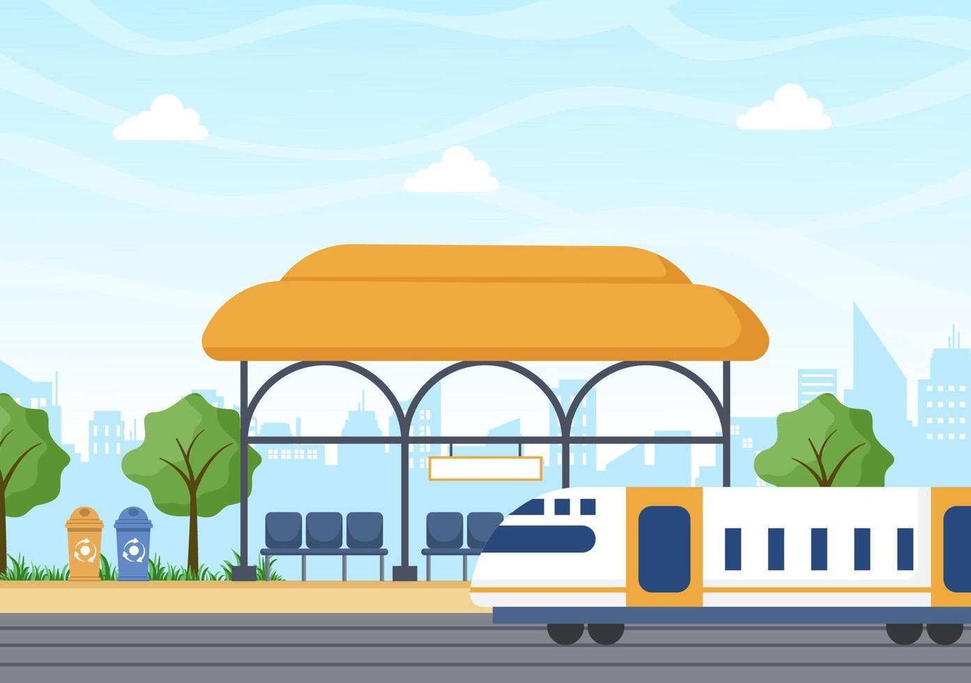 treinstation met treinvervoerlandschap, platform voor vertrek en ondergrondse binnenmetro in vlakke achtergrondafficheillustratie vector