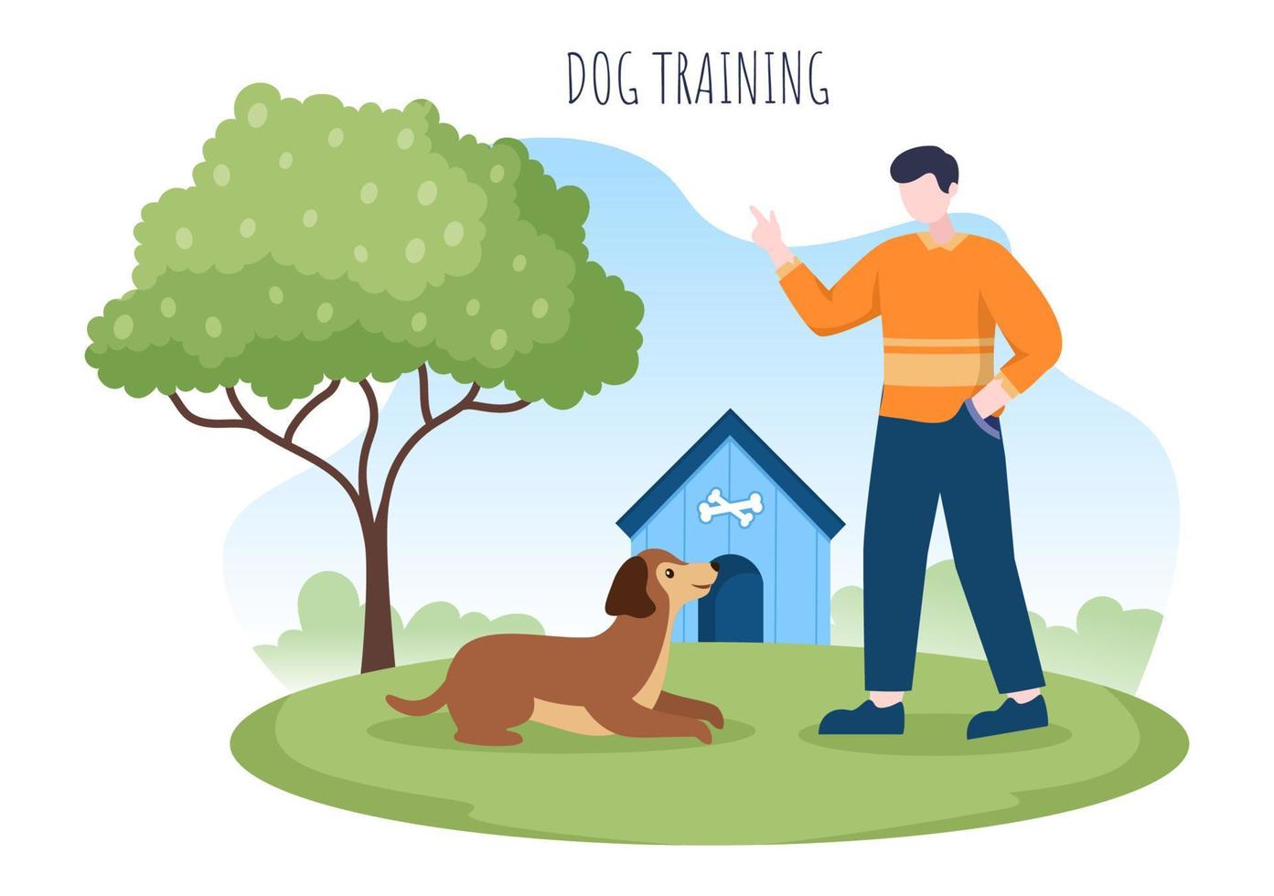 hondentrainingscentrum op speelplaats met instructeur die huisdieren lesgeeft of voor trucjes speelt en springvaardigheden in een platte cartoonachtergrondillustratie vector