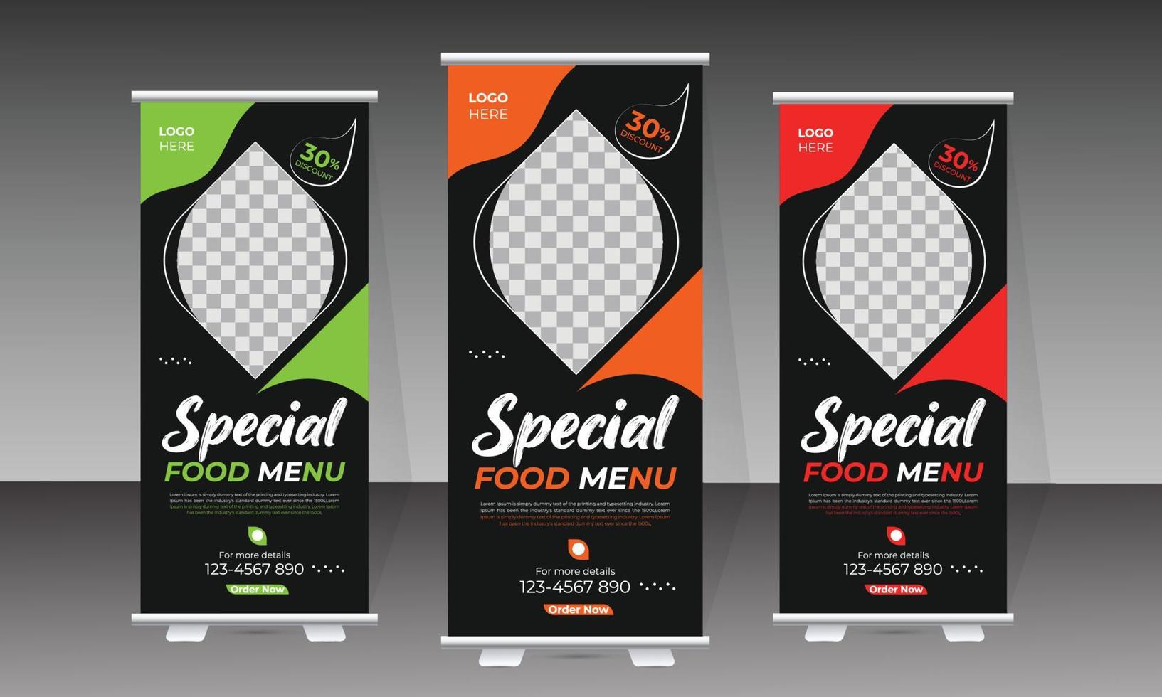 voedsel roll-up banner en heerlijk eten menu ontwerpsjabloon vector