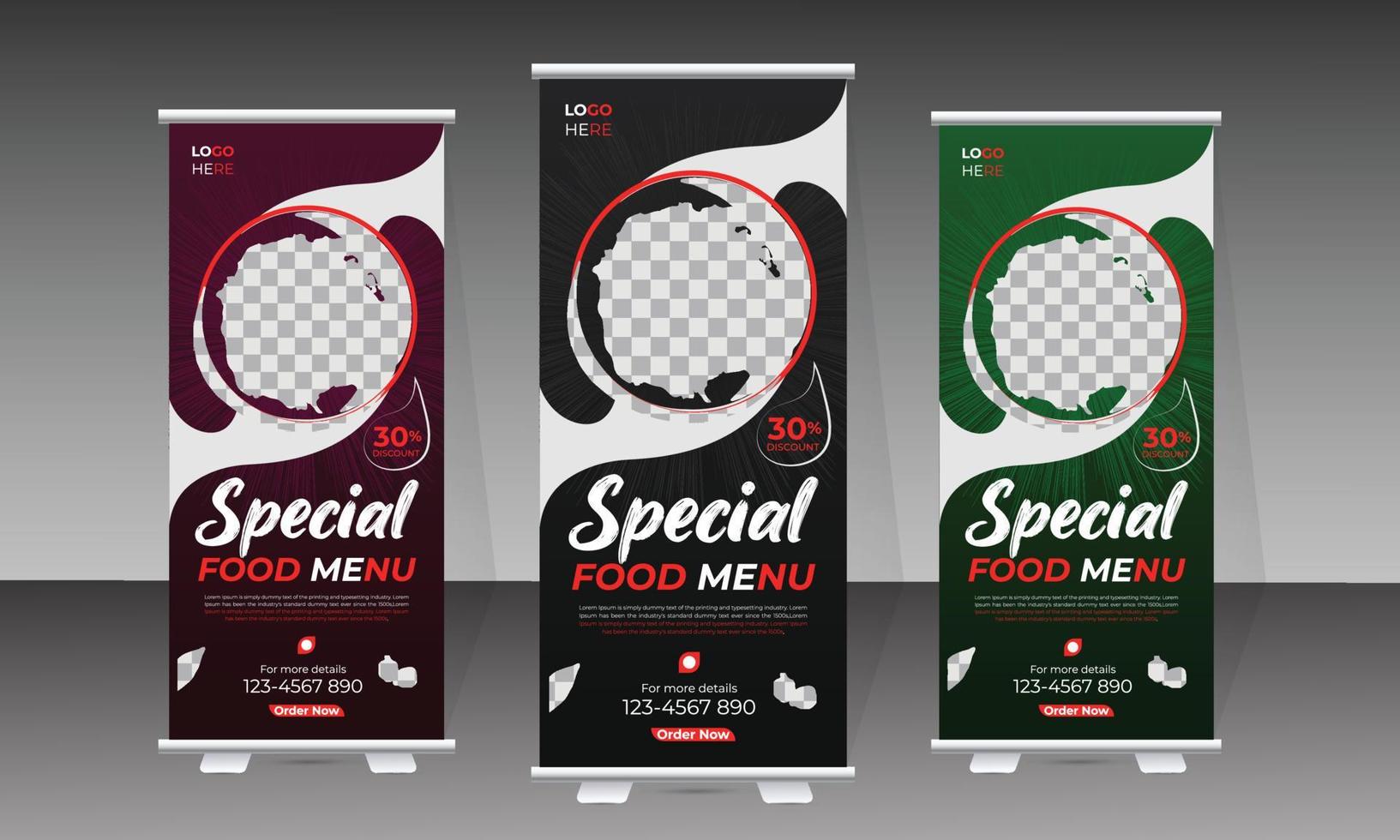 voedsel roll-up banner en heerlijk eten menu ontwerpsjabloon vector