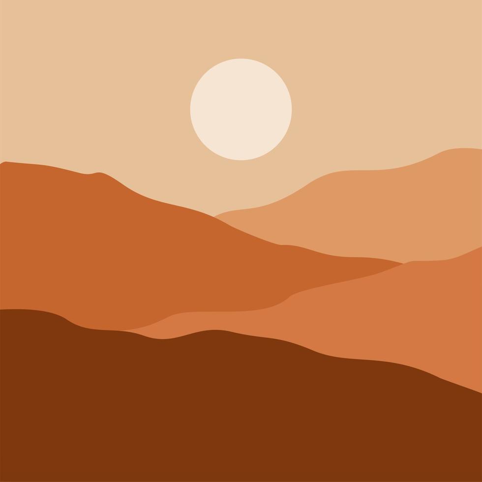 abstracte hedendaagse esthetische achtergrond met woestijn, bergen, zon. aardetinten, gebrand oranje, terracotta kleuren. boho wanddecoratie. landschappen set met zonsopgang, zonsondergang. aardetinten, pastelkleuren. vector