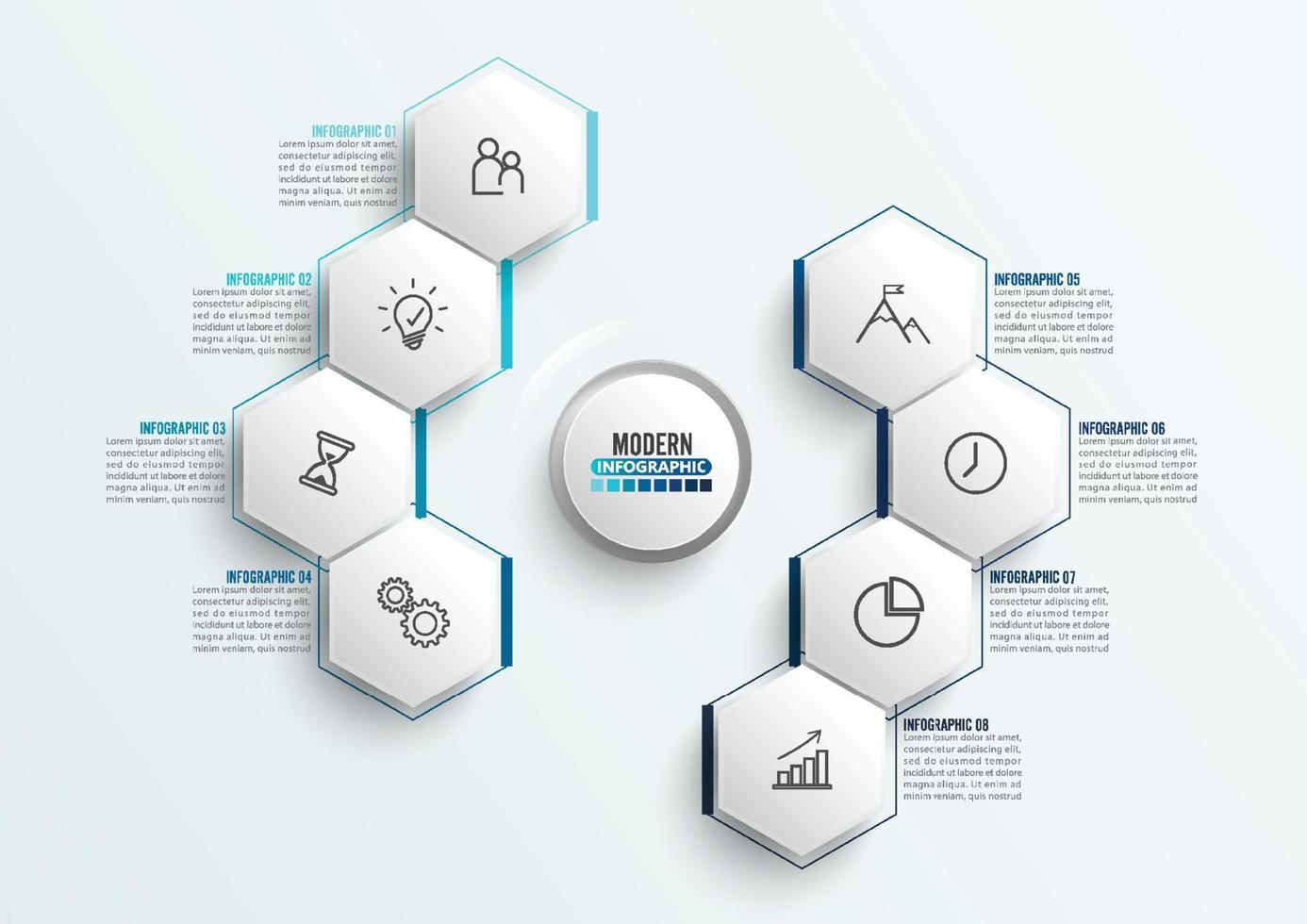 vector infographic sjabloon met 3D-papieren label, geïntegreerde kringen. bedrijfsconcept met 8 opties. voor inhoud, diagram, stroomdiagram, stappen, onderdelen, tijdlijninfographics, workflow, grafiek.