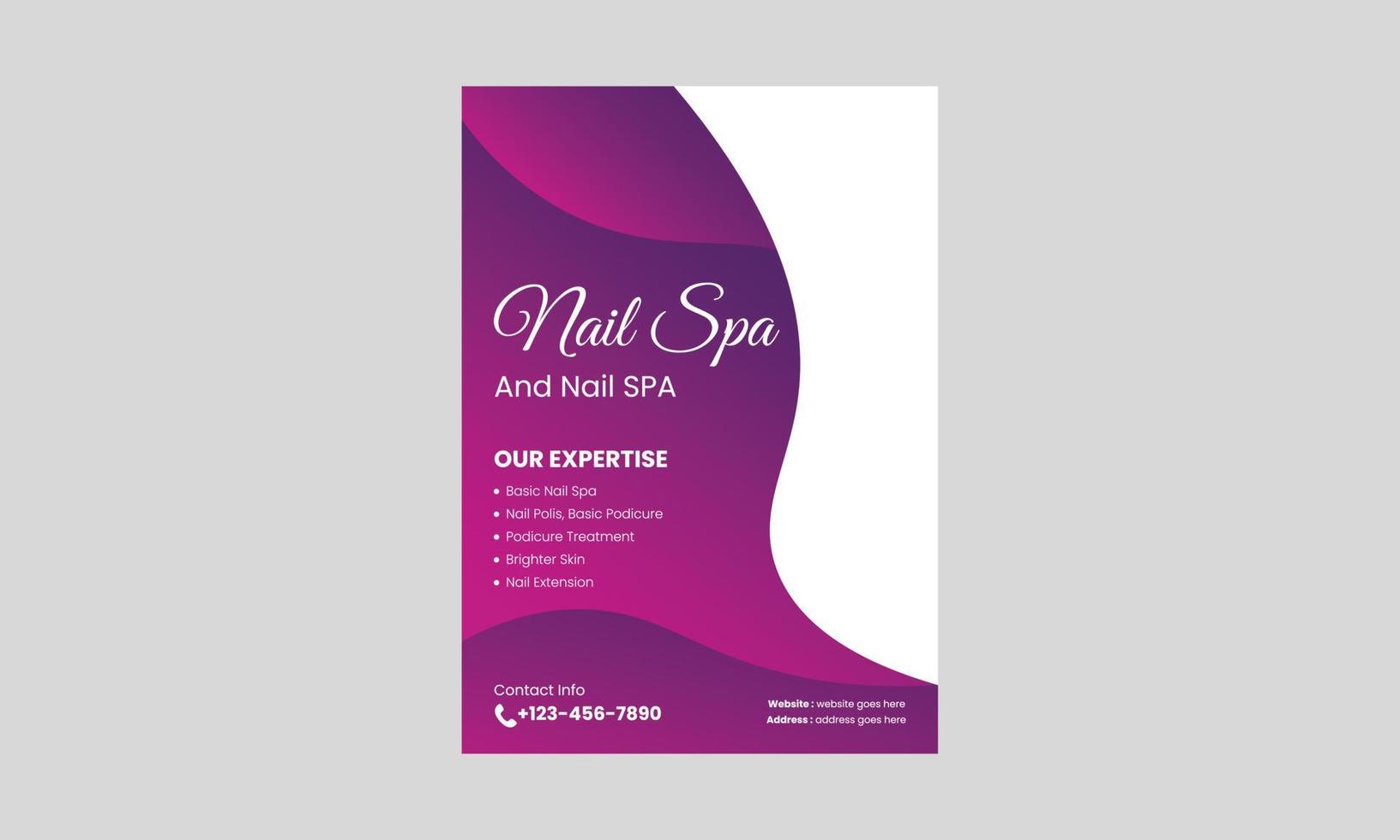 nagel spa service flyer ontwerpsjabloon. nagelsalon service poster folderontwerp. a4 sjabloon, brochureontwerp, omslag, flyer, poster, drukklaar vector