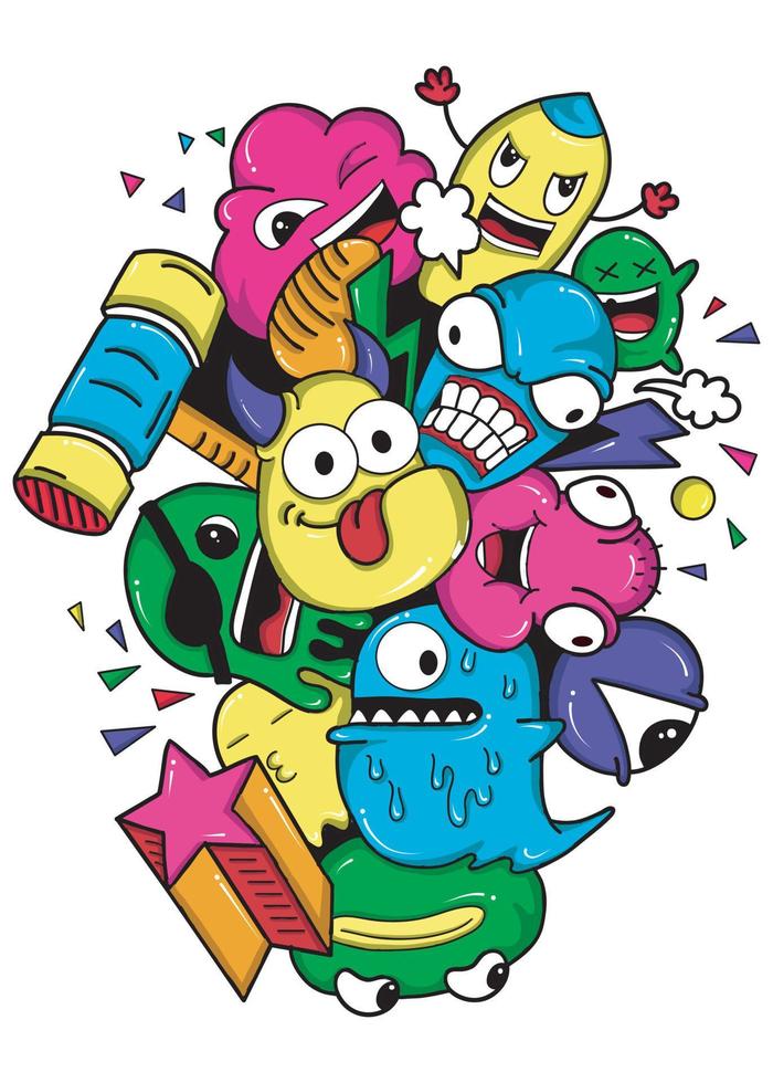 hand getekende illustratie kleurrijk, doodle monster, hand getekende cartoon monster illustratie, cartoon menigte doodle hand getekende patroon, doodle stijl. vector illustratie