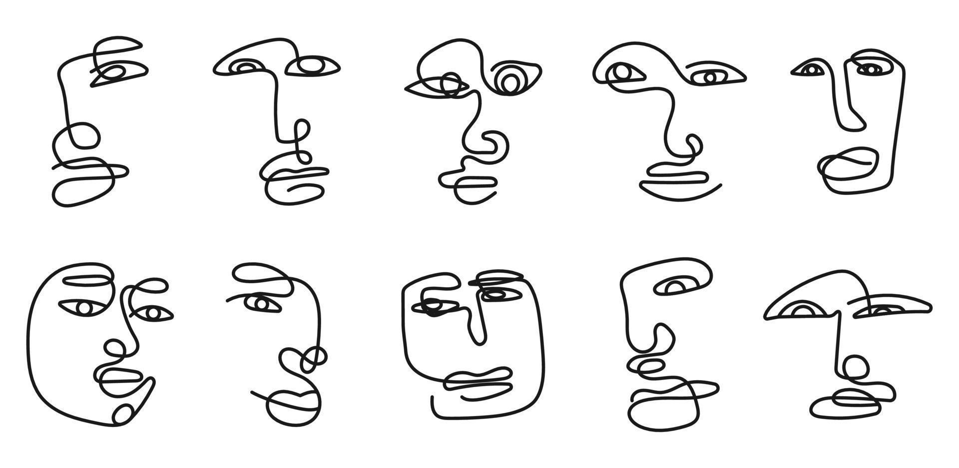 set van verschillende menselijke gezichten in een minimalistische stijl met één regel. silhouet van vrouwelijke en mannelijke gezichten getekend. meisjes gezicht collectie. eigentijdse kunst. bewerkbare lijn geïsoleerde vectorillustratie vector