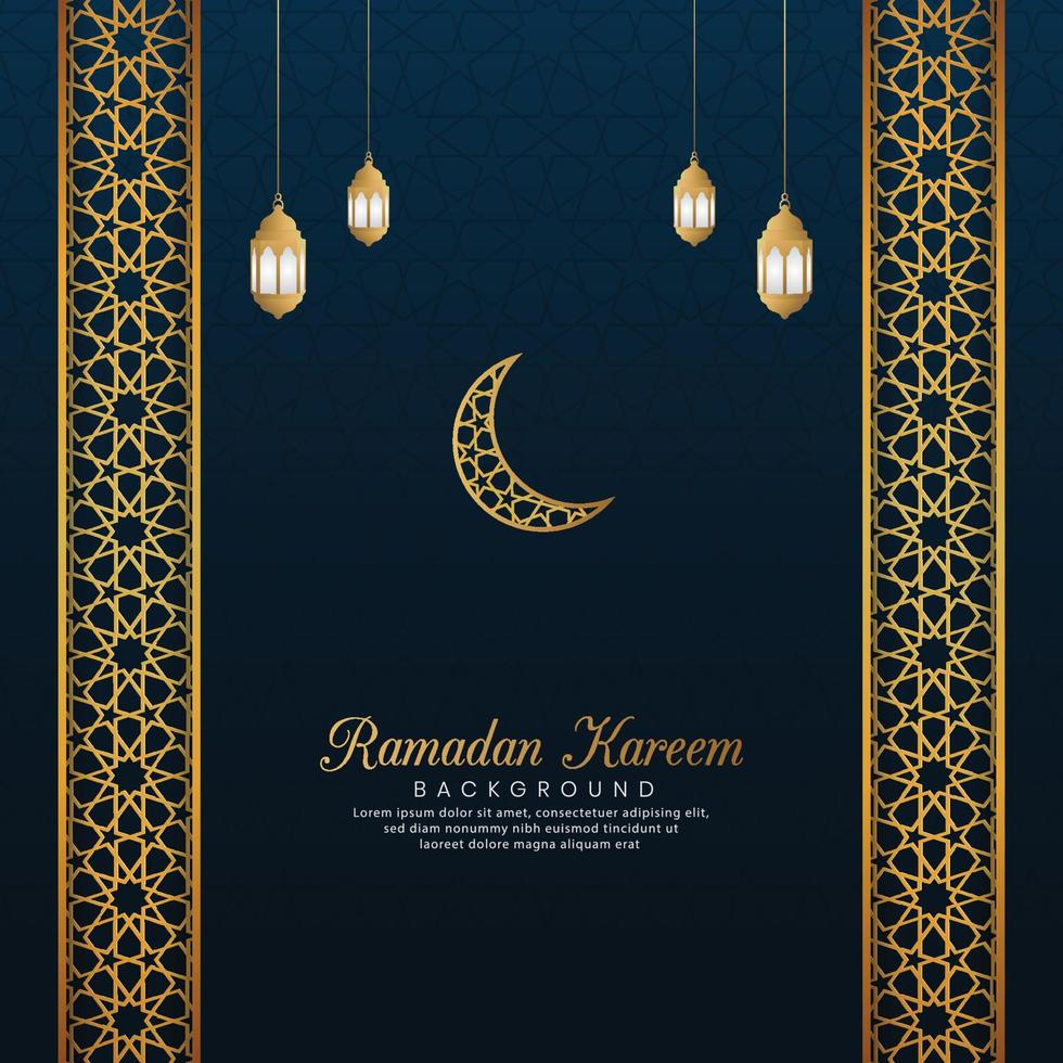 ramadan kareem, islamitische arabische blauwe luxe achtergrond met geometrische patroonrand en lantaarns vector