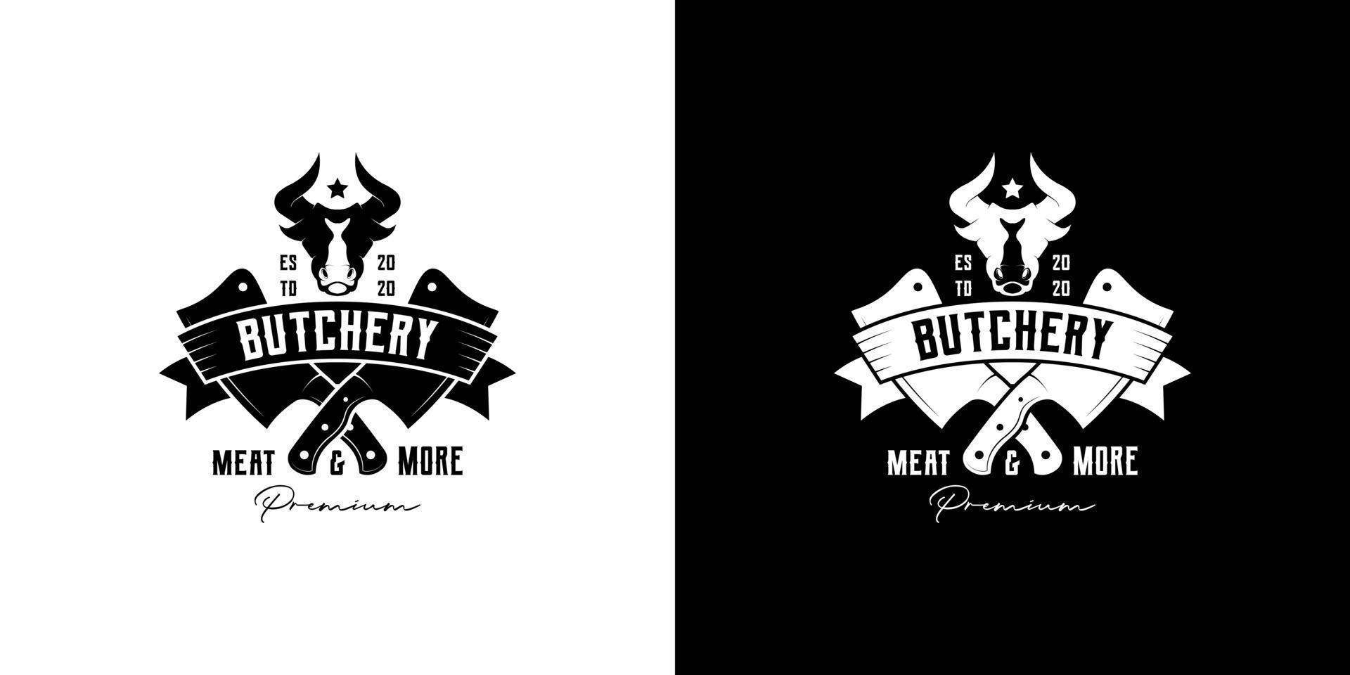 vintage retro embleem, badge, label slagerij logo ontwerp vector met stier hoofd en mes icon