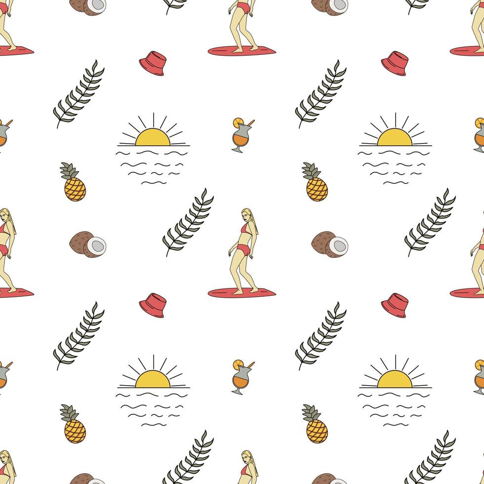 hand getekende vector naadloze patroon. surfer vrouw, zon, kokosnoten en bladeren.