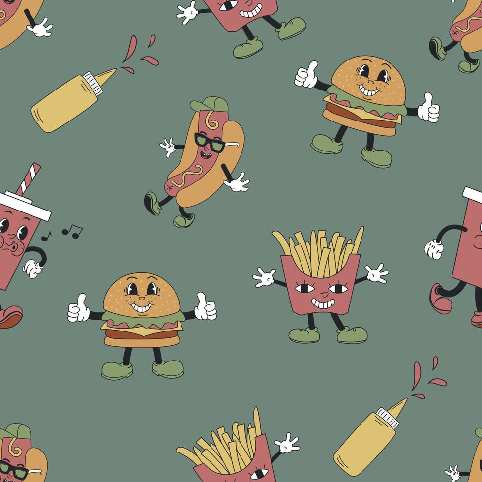 naadloos patroon met frietjes, hamburgers en hotdog. retro mascotte karakters. platte vectorillustratie vector