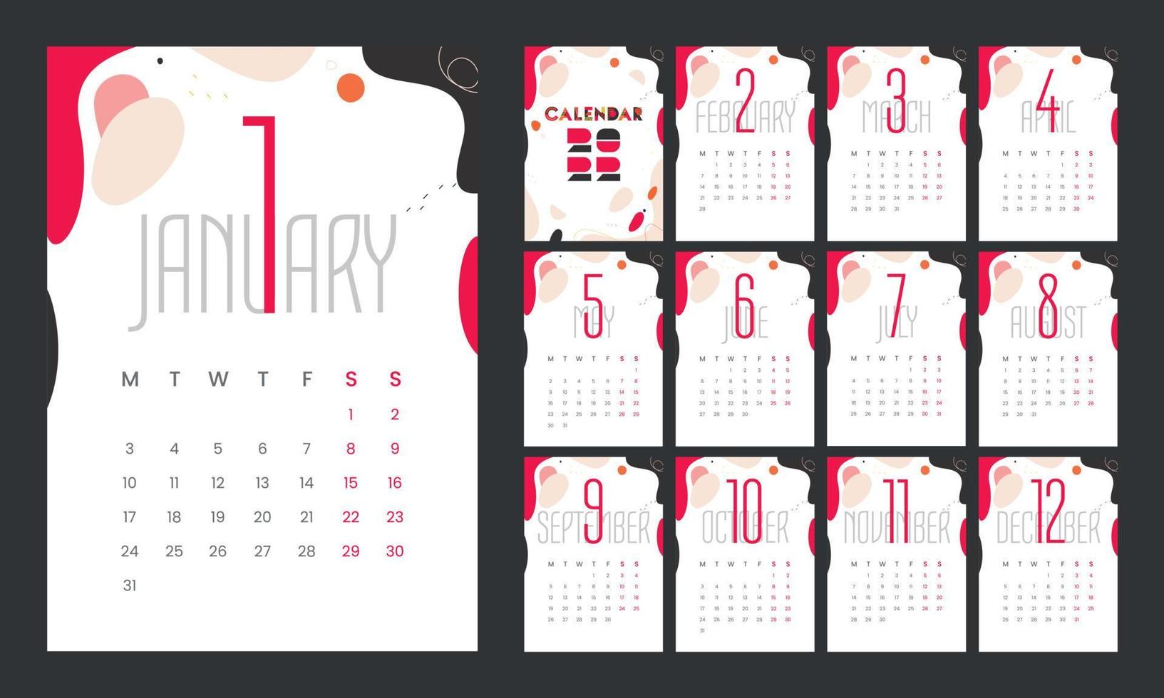 creatief kleur volledig kalenderontwerp in het nieuwe jaar. vector