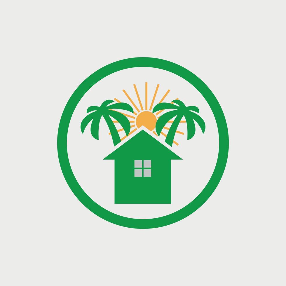 huis thuis verblijf met prachtige zonsopgang vector logo-ontwerp. groen pictogram introductiepagina met zon.