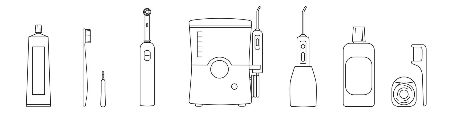 tandverzorging set. vectorillustratie geïsoleerd op een witte achtergrond. 9 objecten - tandpasta, tandenborstel, irrigator voor het reinigen van tanden, tandzijde, mondwater en andere vector