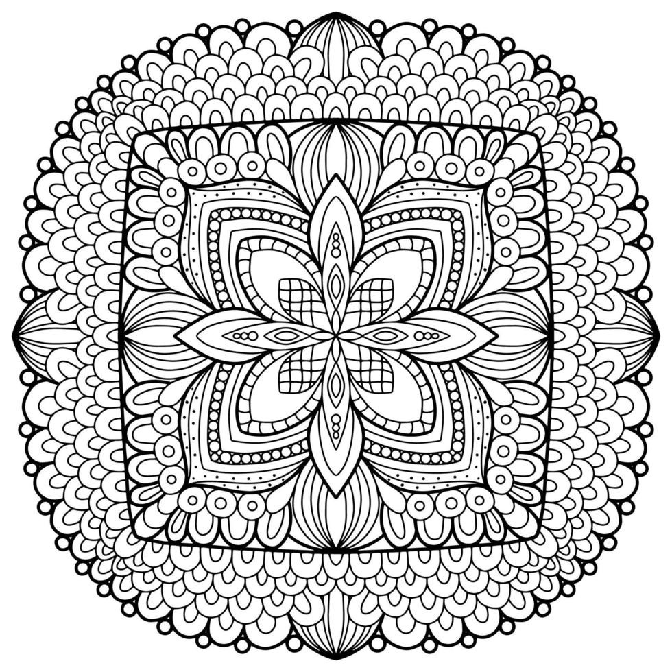 mandala tekening vectorelement. kleurplaat, kleurboek voor kinderen en volwassenen. achtergrond met ruimte voor tekst. overzicht bloemen ronde sieraad. lijnillustratie voor afdrukken op papier of stof. vector