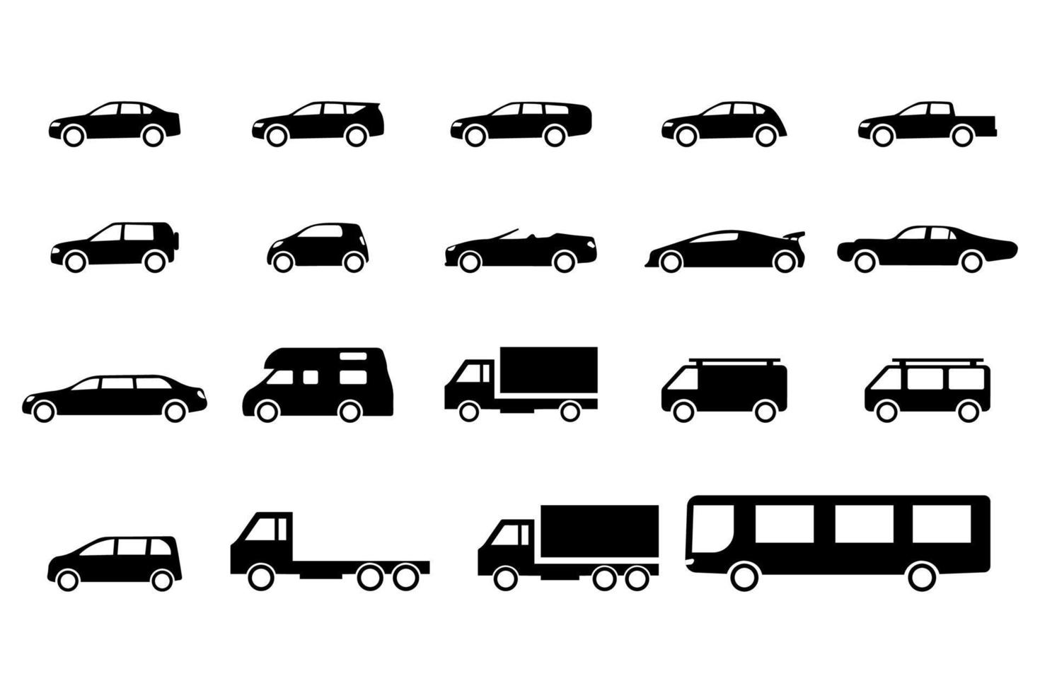 voertuig zwarte grote set pictogrammen. auto's, jeeps, crossover, limousine, vrachtwagen, sportwagen, stacaravan en bus. vector illustratie