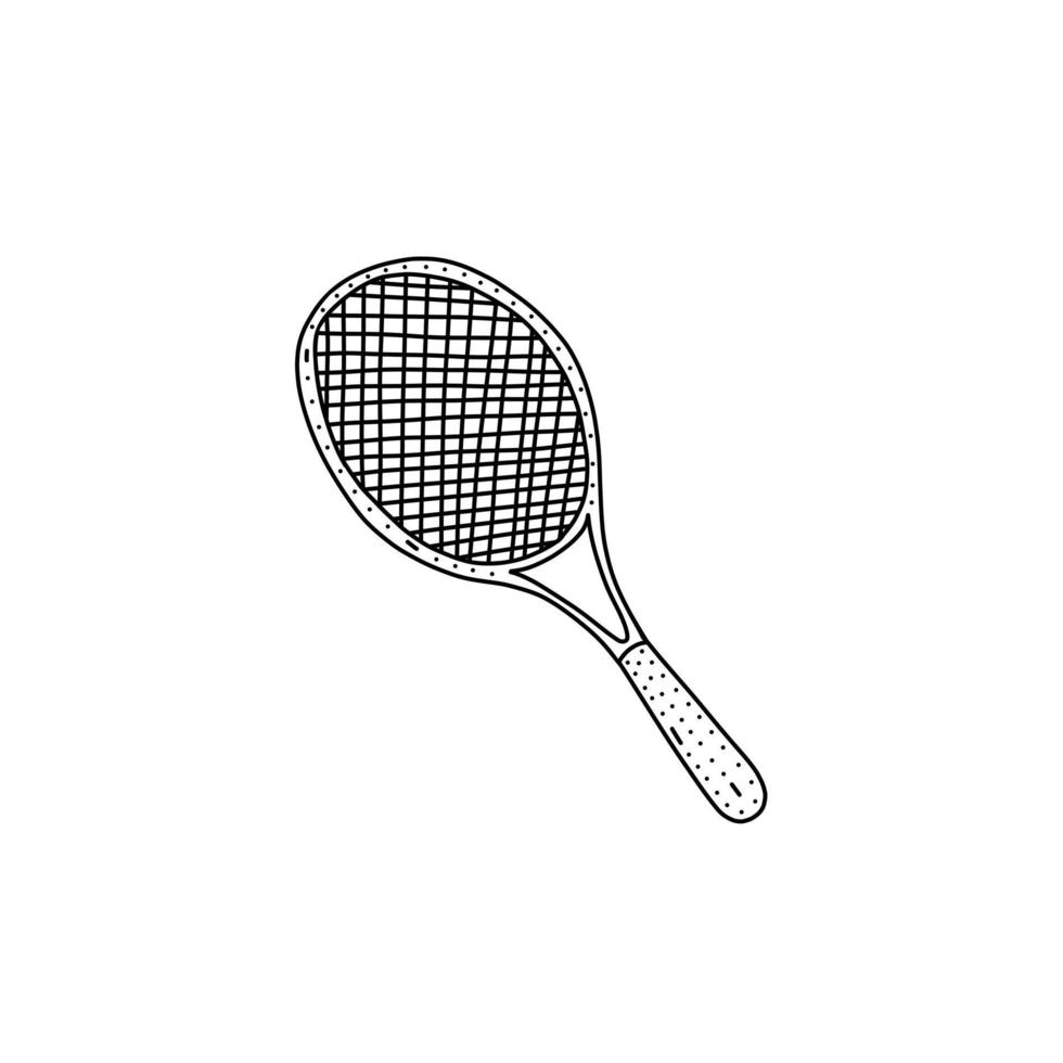 hand getekende vectorillustratie van een tennisracket in doodle stijl. leuke illustratie van een sportuitrusting op een witte achtergrond. vector