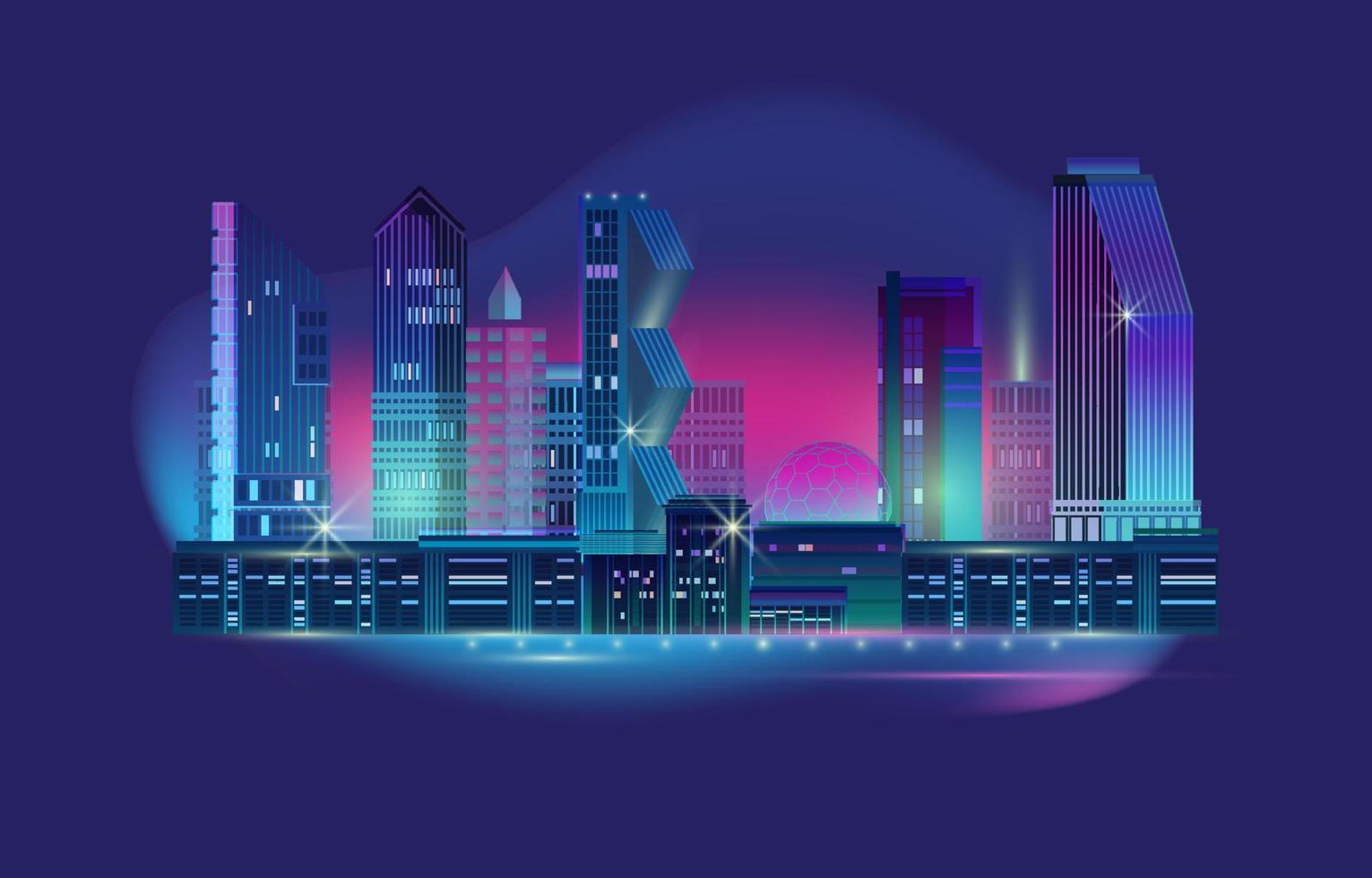 nacht stadspanorama met neon gloed op donkere achtergrond. vector. vector