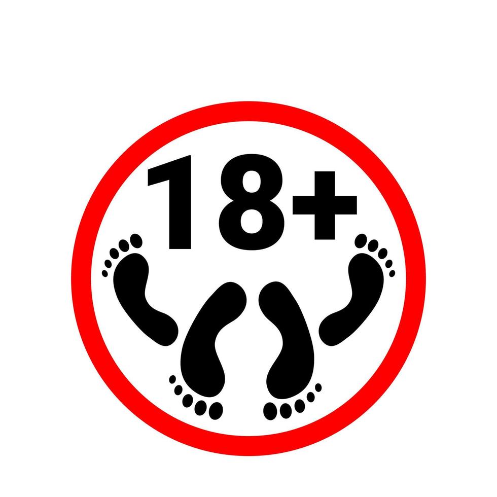 18 plus-pictogram. verbodsteken voor personen onder de achttien jaar. seksuele inhoud voor volwassenen. rode cirkel met nummers 18 plus en twee paar poten. vector pictogram geïsoleerd op een witte achtergrond.