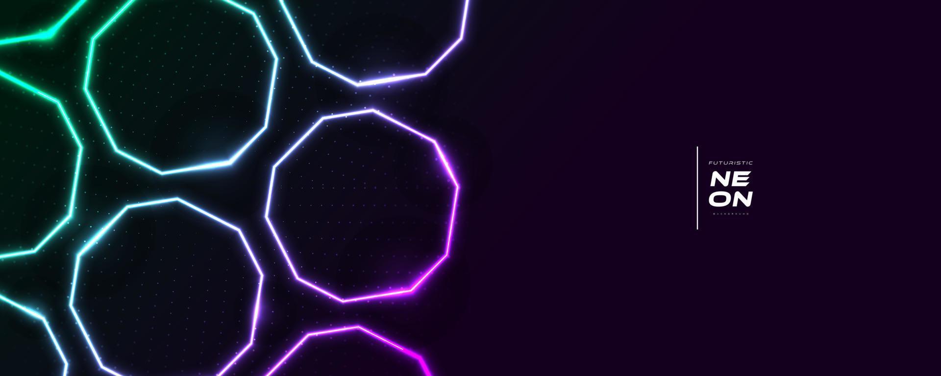 futuristische moderne sci-fi achtergrond met gloeiende neon cirkels op donkere achtergrond. abstracte kleurrijke neonlichtvormen op zwarte achtergrond vector