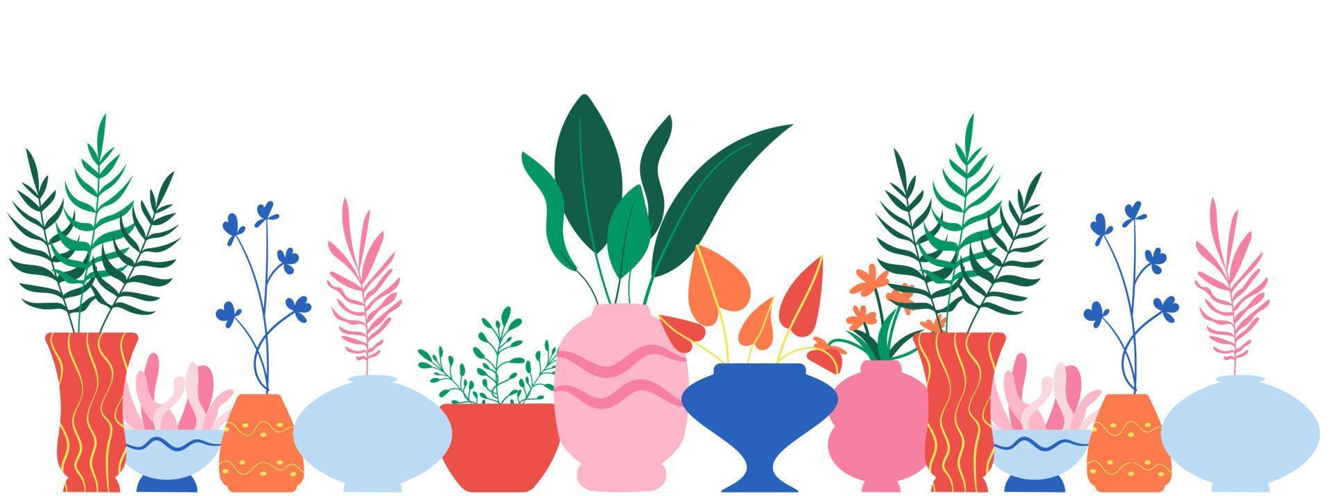 vector banner, achtergrond met kamerplanten in kleurrijke potten in boho-stijl. lommerrijke kamerplanten groeien in bloemenvazen. mooi interieur met decor. Huis & Tuin. platte illustratie