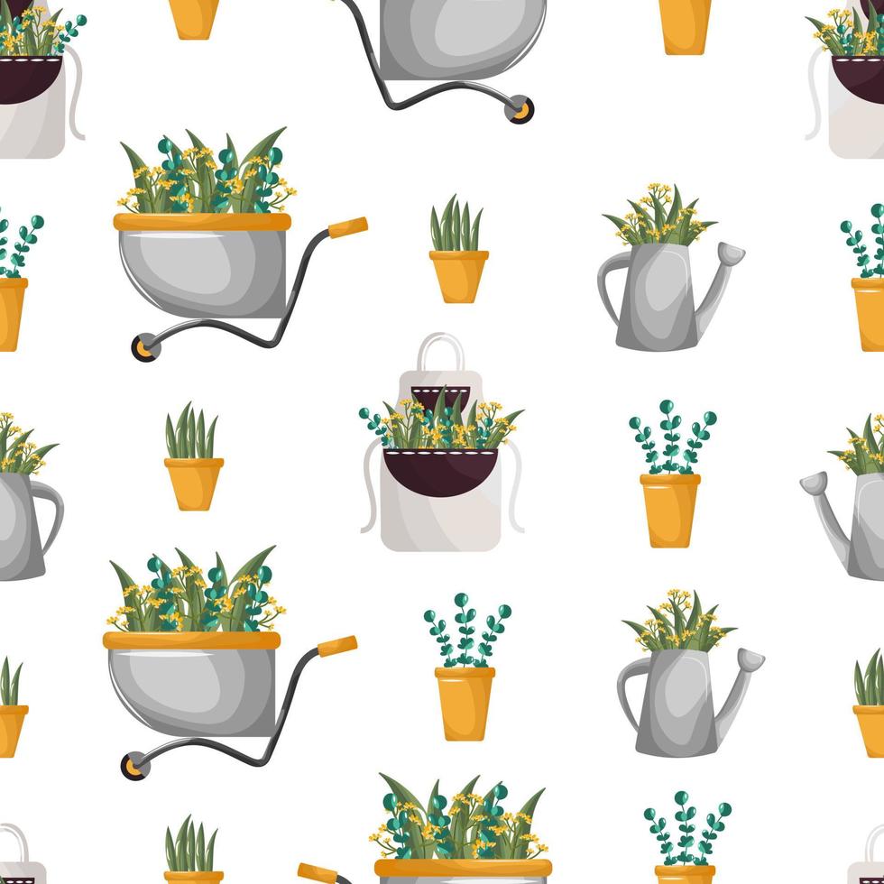 schattig lentepatroon van tuingereedschap. elementen voor het planten van kamerplanten, zaailingen, kruiden, schort, potten, gieter, kruiwagen met bloemen. vector set, pictogrammen, stickers huis tuin.