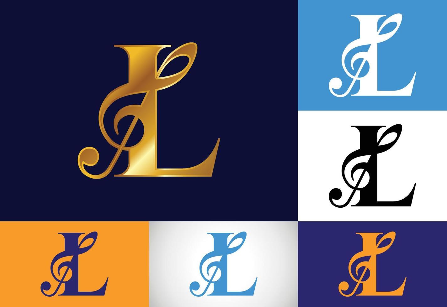 aanvankelijk l monogramalfabet met een muzieknoot. symfonie- of melodietekens. muzikaal teken symbool. vector