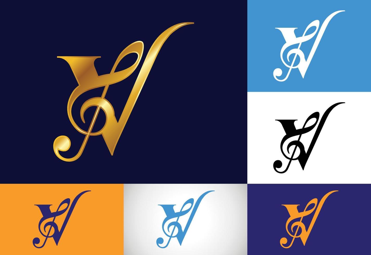 aanvankelijk v-monogramalfabet met een muzieknoot. symfonie- of melodietekens. muzikaal teken symbool. vector