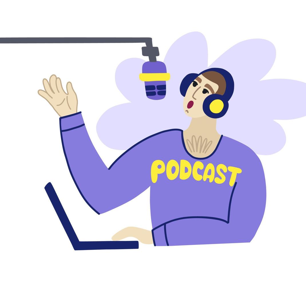 een man host een podcast met een koptelefoon met een microfoon en een laptop vector
