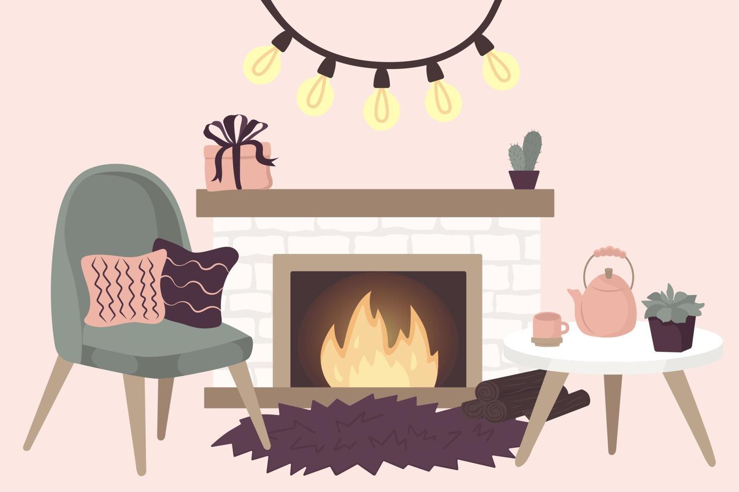 Scandinavische interieurdecoraties - krans, kat, boom, cadeau, kaarsen, tafel. gezellige wintervakantie seizoen. leuke hygge-stijl. vector. geïsoleerd. vector