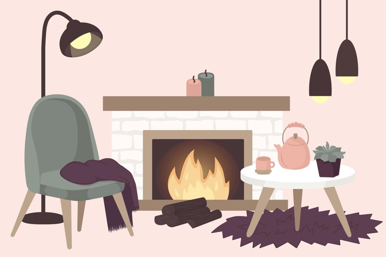 Scandinavische interieurdecoraties - krans, kat, boom, cadeau, kaarsen, tafel. gezellige wintervakantie seizoen. leuke hygge-stijl. vector. geïsoleerd. vector