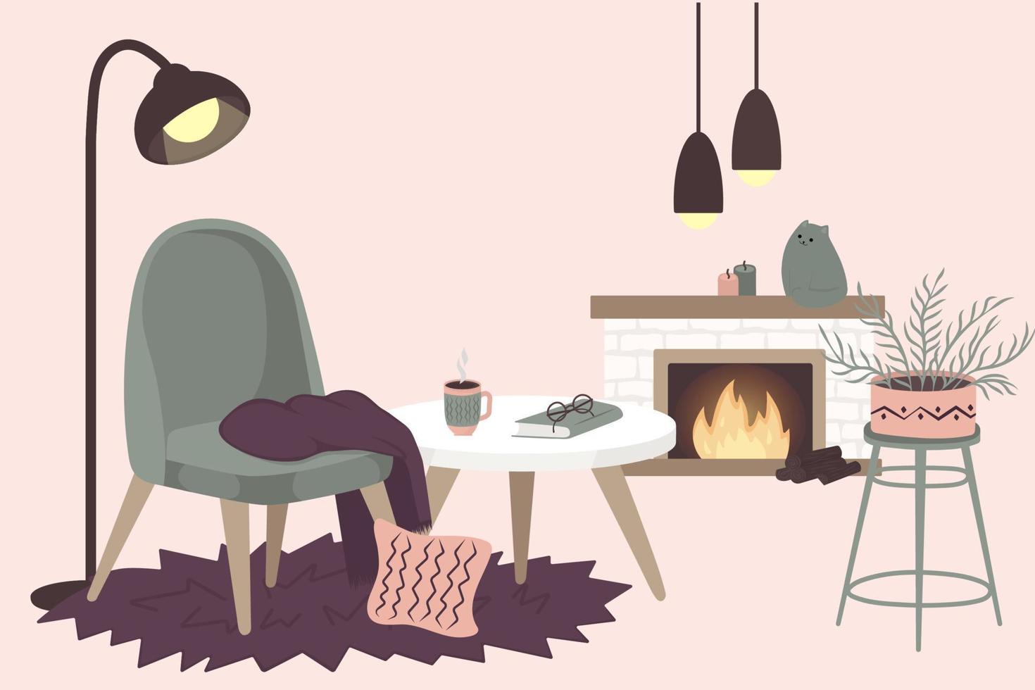 Scandinavische interieurdecoraties - krans, kat, boom, cadeau, kaarsen, tafel. gezellige wintervakantie seizoen. leuke hygge-stijl. vector. geïsoleerd. vector