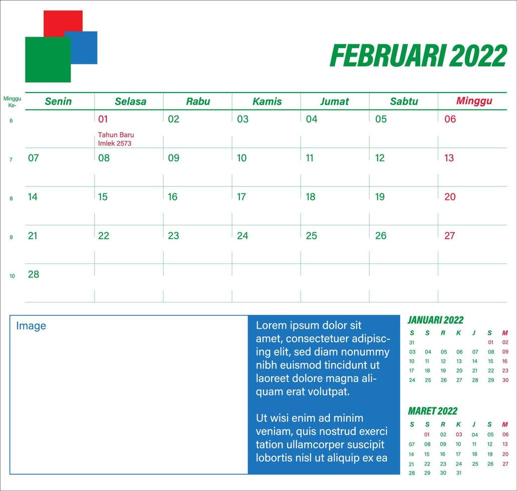 eenvoudige kalendersjabloon voor februari 2022. week begint op maandag. zondag gemarkeerd. met Indonesië feestdagen gemarkeerd. eps 10 vectorillustratie, geen transparantie, geen verlopen vector