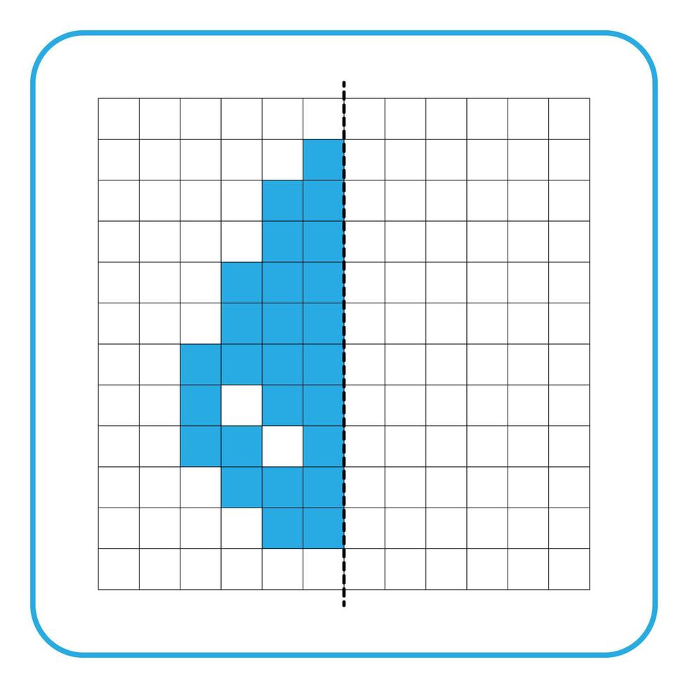 foto reflectie educatief spel voor kinderen. leer symmetrische werkbladen voor voorschoolse activiteiten in te vullen. taken voor het kleuren van rasterpagina's, afbeeldingsmozaïeken of pixelart. maak de waterdruppels af. vector