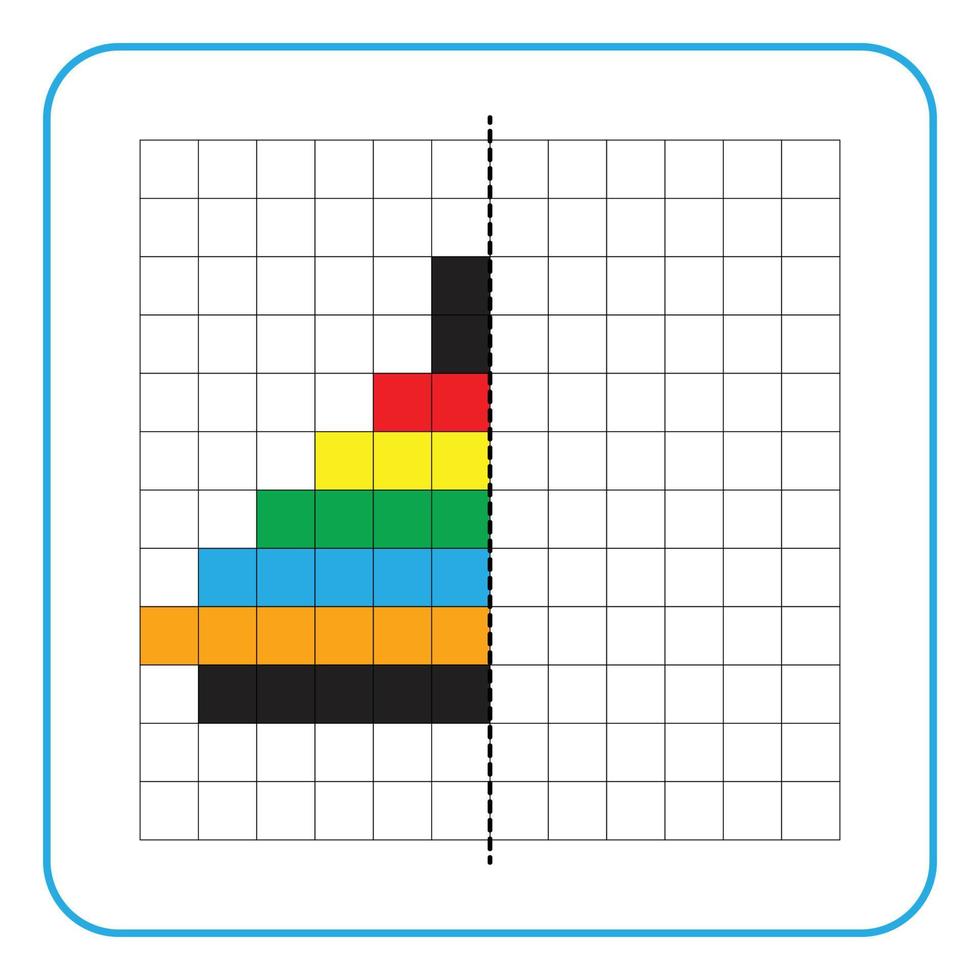 foto reflectie educatief spel voor kinderen. leer symmetrische werkbladen voor voorschoolse activiteiten in te vullen. kleurrasterpagina's, visuele waarneming en pixelart. maak het stapelringspeelgoed af. vector