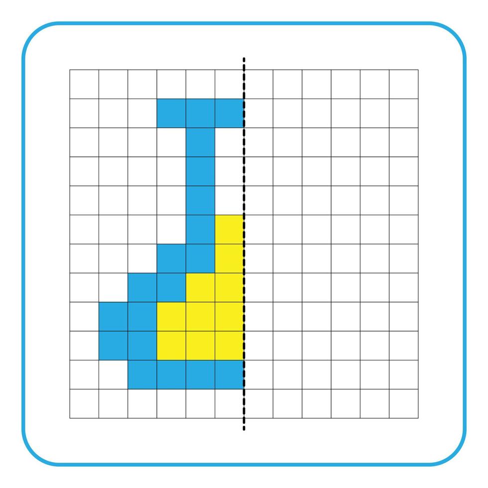 foto reflectie educatief spel voor kinderen. leer symmetrie-werkbladen voor voorschoolse activiteiten in te vullen. taken voor het kleuren van rasterpagina's, afbeeldingsmozaïeken of pixelart. vul de reageerbuis in. vector